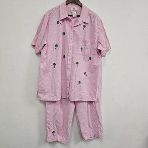 Quacker Factory Womens Pants Top Set Size 2X Crop Palm Trees Plaid Pink White